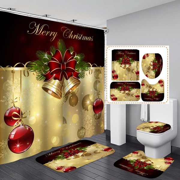 Merry Christmas Bells Knot Shower Curtain Set Bathroom Decor Waterproof