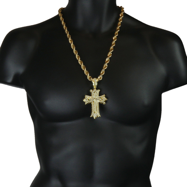 HOT 14k Gold Hip Hop CZ Big Pendant Cross Necklace Rope Chain 9mm 24