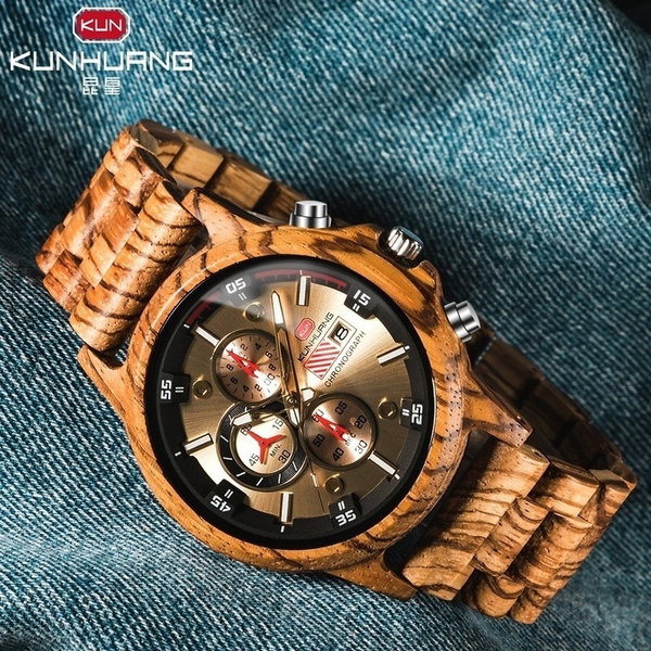 2019 Men Wooden Watch KUN HUANG Luxury Chronograph Watch Men s Fashion Business Quartz Watch Montre Homme En Bois