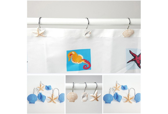 12 Pcs Decorative Seashell Shower Curtain Hooks Bathroom Beach Shell