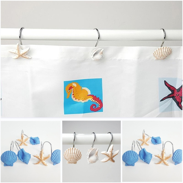 12pcs Resin Decorative Seashell Shower Curtain Hooks Bathroom Beach Shell  Decor