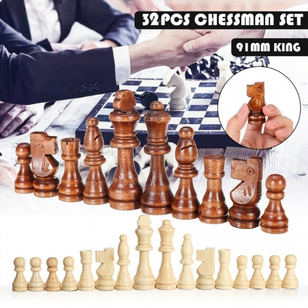 32Pcs 3.5‘’ 91mm Wooden Carved Chess Pieces Hand Crafted Set Large King Kit 