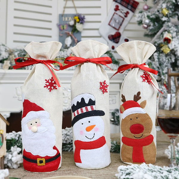 Red Wine Bottle Cover Bags Xmas Snowman Santa Claus Christmas Decoration Sequins 