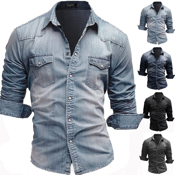 Men's Long Sleeve Jeansshirt Casual Slim Fit Denim Shirts | Wish