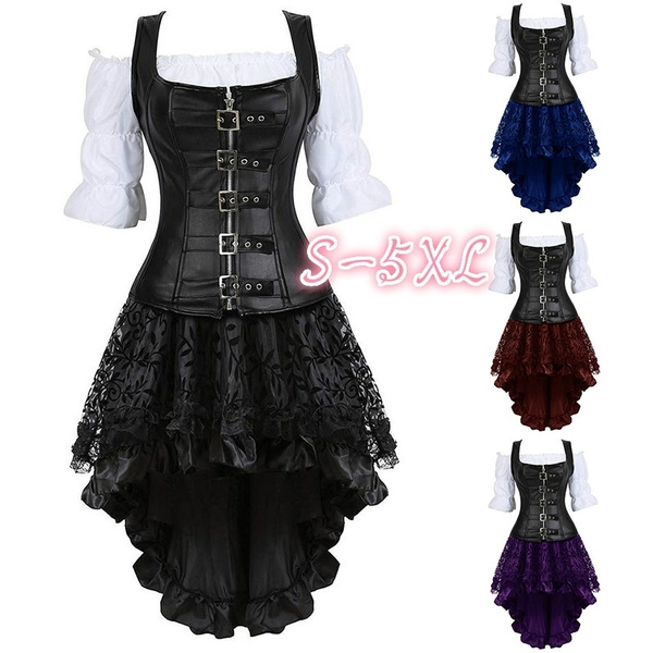 SHOPESSA Gothic Clothes for Women Trumpet Sleeve Halloween Costume Dress with Corset Short Medieval Dress 