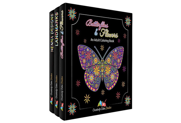 Adult Coloring Books Set 3 Pack - Landmarks, Henna, Butterflies and Flowers