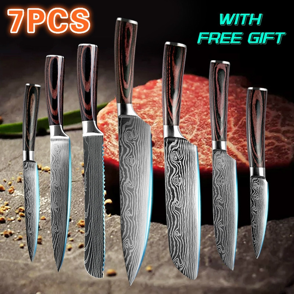 XYj 7PCS/set kitchen knives sets Japanese Knife Sets Cleaver Slicing  Utility Knives Chef Knife Slicing Knife Laser Damascus Pattern Damascus  Utility Knife Sharp Santoku Knife Set