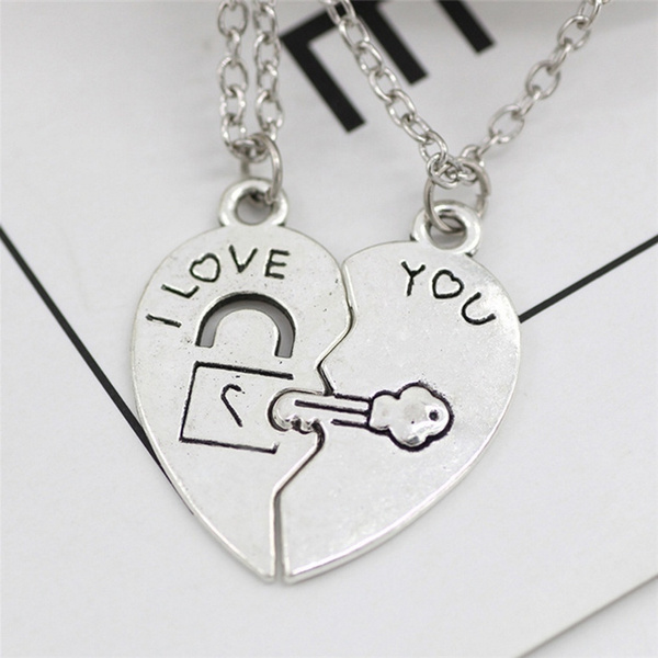 Love Heart Lock Key Couple Pendant Necklac