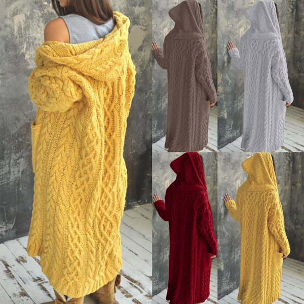 long hooded knit cardigan