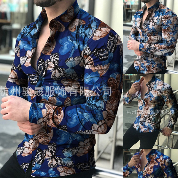 Black Mens Floral Shirt Casual Button Down Long Sleeve Flower Printed Shirt