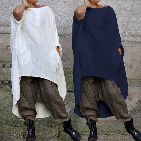 Women's Cotton Linen Dresses Irregular Hem Shirt