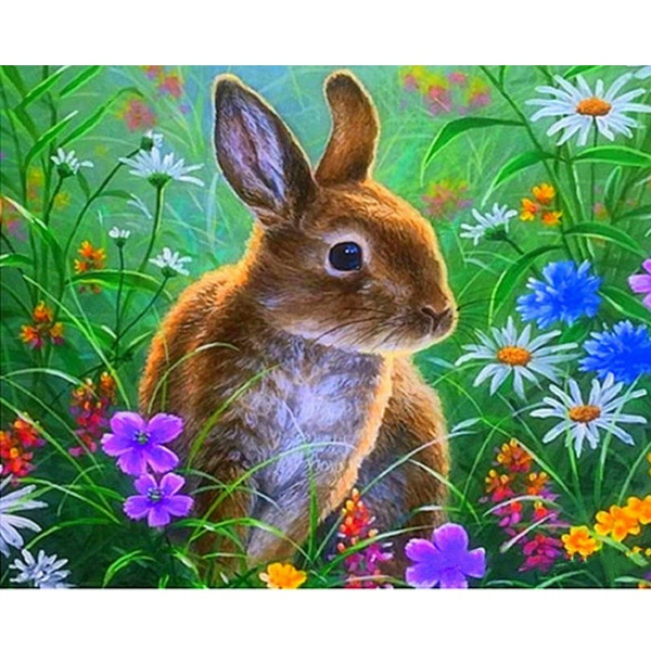 Pavemlo 5D Diamond Art Painting Kits for Adults Flower Rabbit, Full Drill Diamond Art Animals Pictures Paint with Diamonds, DIY Cross Stitch Jewel