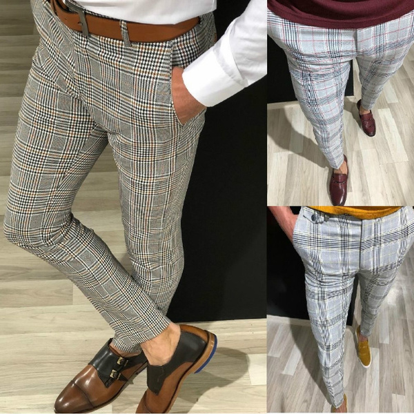 Fashion Men Plaid Pants Casual Suit Pants Skinny Man Bottoms Busniness  British Style Trousers Slim Fit Long Pants