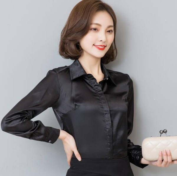 Lady Short Sleeve Blouse Shirt Tops Faux Silk Satin Business Formal Shiny Office