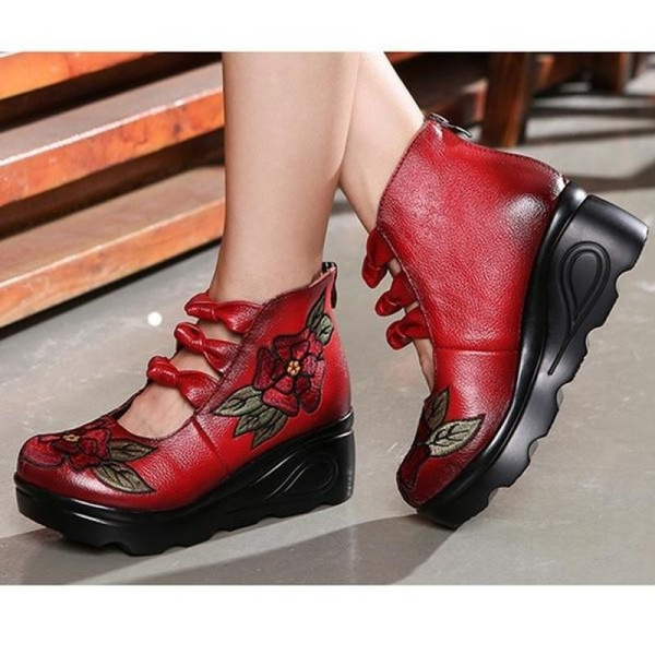 Womens Retro Handmade Embroidery Leather Shoes Fashionable Genuine Leather Hardmade Platform