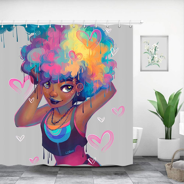 Cartoon Comic Afro Girl Combing Long Hair Shower Curtain Set Bathroom Decor 72"