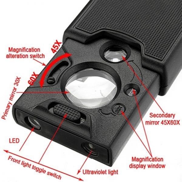 30x 45x 60x LED UV Lighted Magnifier Jewelers Loupe Loop