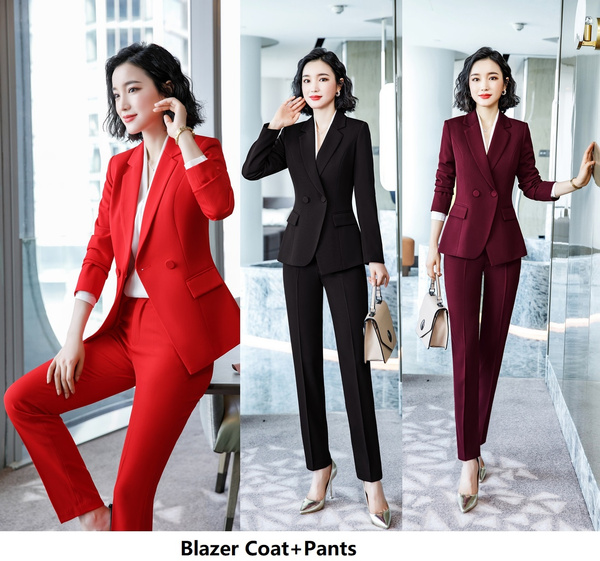 New Red Fashion Career Pant Suit Women Office Business Blazer Set With  Trouser