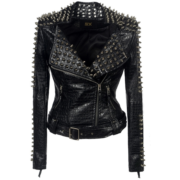 SX Women Punk Faux Leather PU Black Jacket Studded Rivet Fashion ...