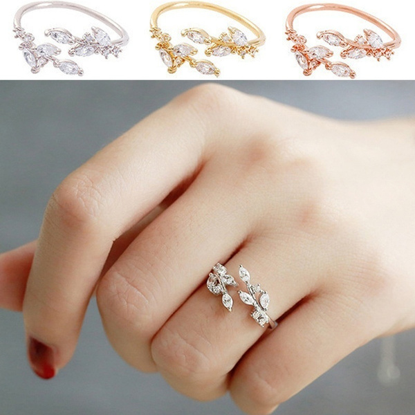 Women Simple Cute Rose Gold Elegant Opening Ring Simple Leaf Zircon Crystal Wedding  Ring Forefinger Ring Jewelry