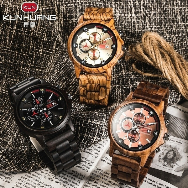 Men s Wooden Watch KUN HUANG Luxury Chronograph Watch Men s Classic Retro Quartz Watch Montre Homme En Bois