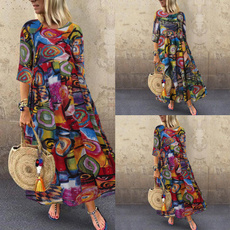 ZANZEA Vintage Dress Women O Neck Half Sleeve High Waist Graffiti Print Long Loose Dress