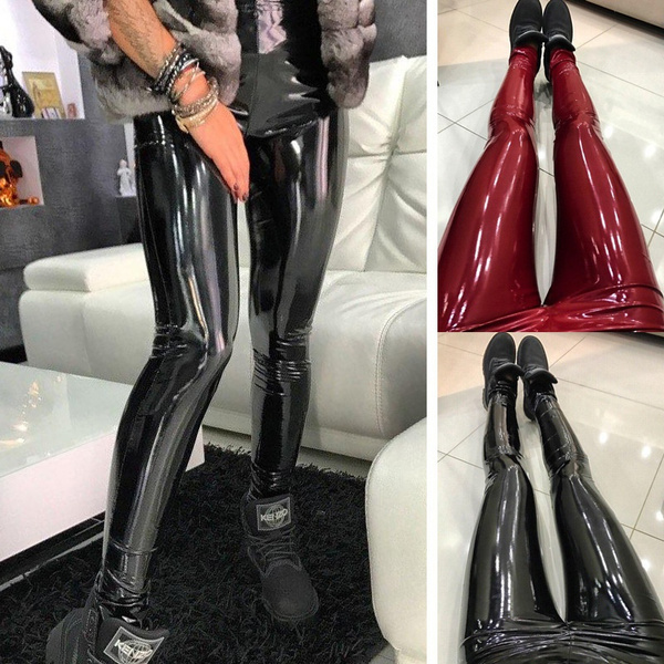 Women Slim PU Leather Leggings High 