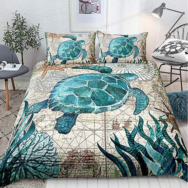 3d Turtle Bedding Aqua Turquoise Ocean, Twin Size Beach Themed Bedding