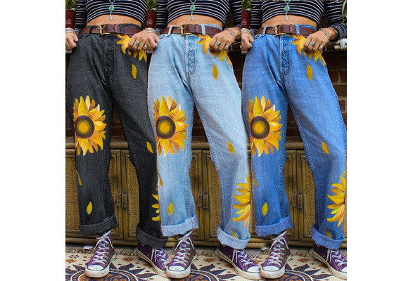 Fashion Ladies Sunflower Print Staight 