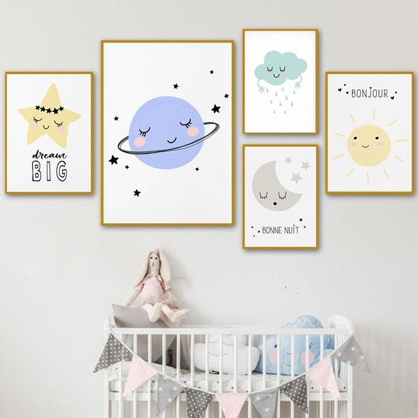 Baby Nursery Wall Decor Canvas Poster Cartoon Moon Star Wall Art Print Kids Room