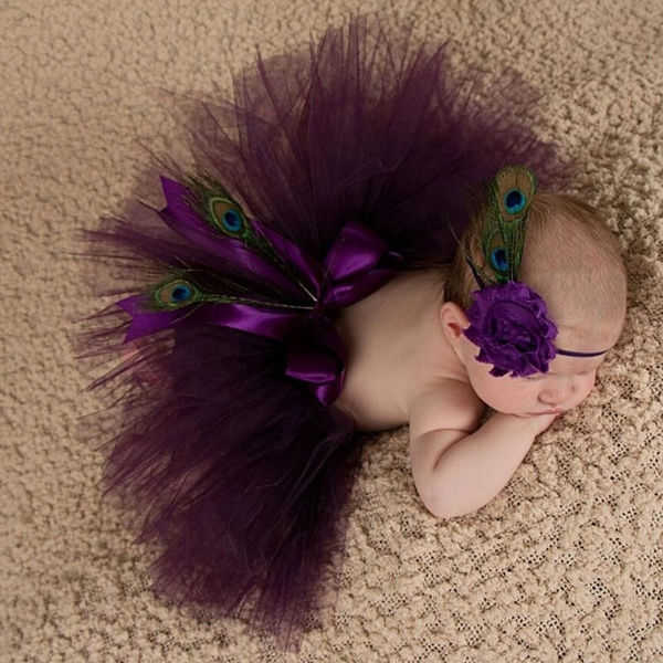 Download Newborn Baby Girls Cute Princess Purple Peacock Feathers Flower Headband Ribbon Tutu Skirt Bubble Skirt Dress Photo Photography Prop Costume Outfits Wish