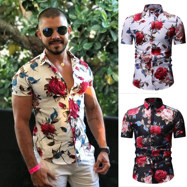 YKARITIANNA Summer New Men Casual Summer Printed Button Short Sleeve Hawaiian T-Shirt Top Blouse 