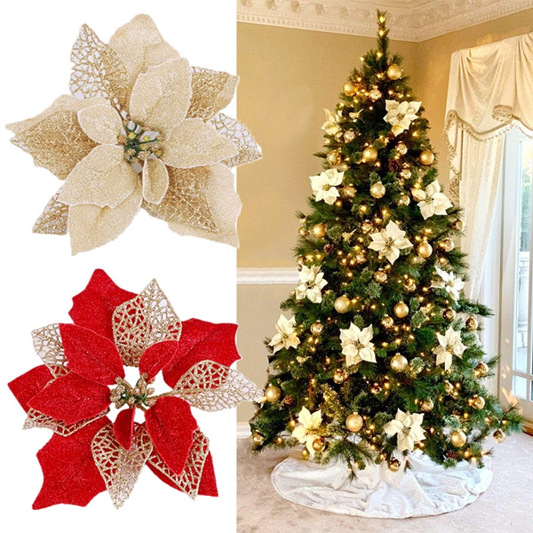 Mobuy Christmas Ornaments Glitter Poinsettia Christmas Decorations for Trees Gold 8Pack