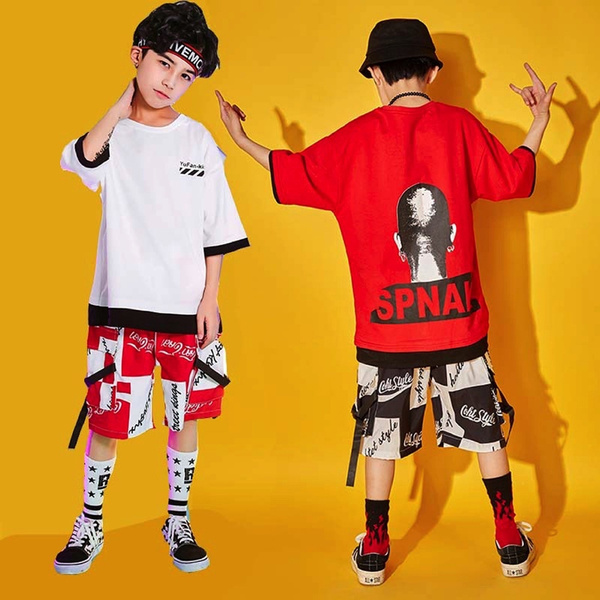 Kids Boys Korean Street Jazz Dance Costume Red Tshirt Shorts Hip