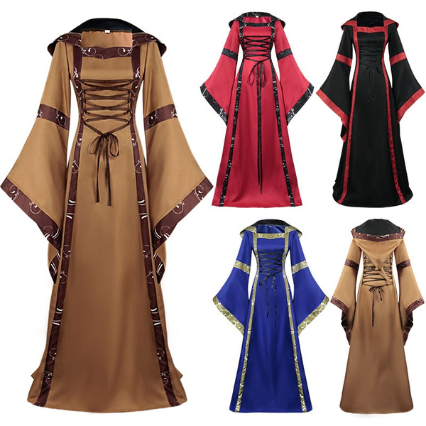 Gothic Dress Floor Length Cosplay Dress Women Long Sleeve Hooded Medieval  Costume Halloween Cosplay Vintage Long Cape : : Clothing, Shoes 