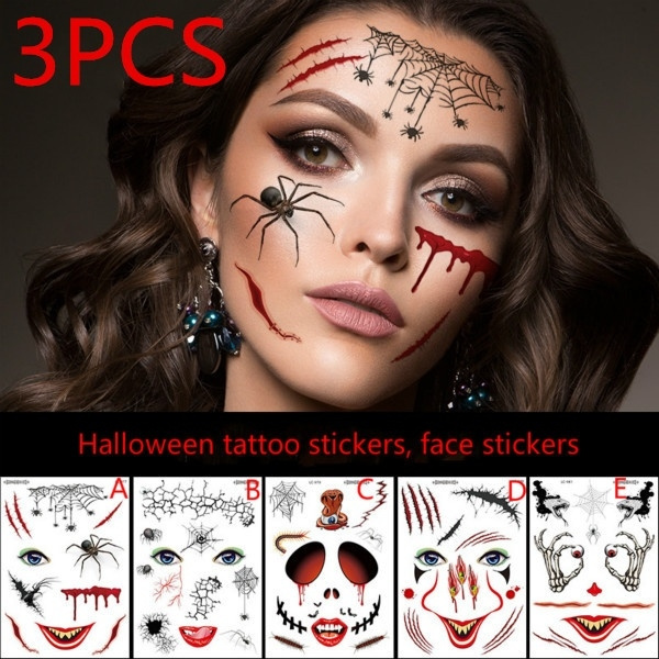 3Pcs Halloween Face Tattoo Sticker Personality Face Sticker Masquerade ...