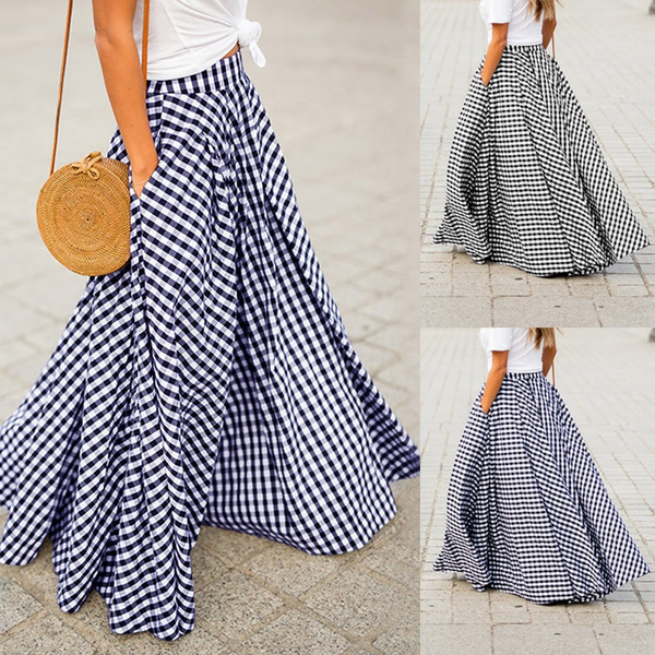 Women Full Length Skirt Flared Pleated Long Maxi Skirt High Waist Skirt Pockets 