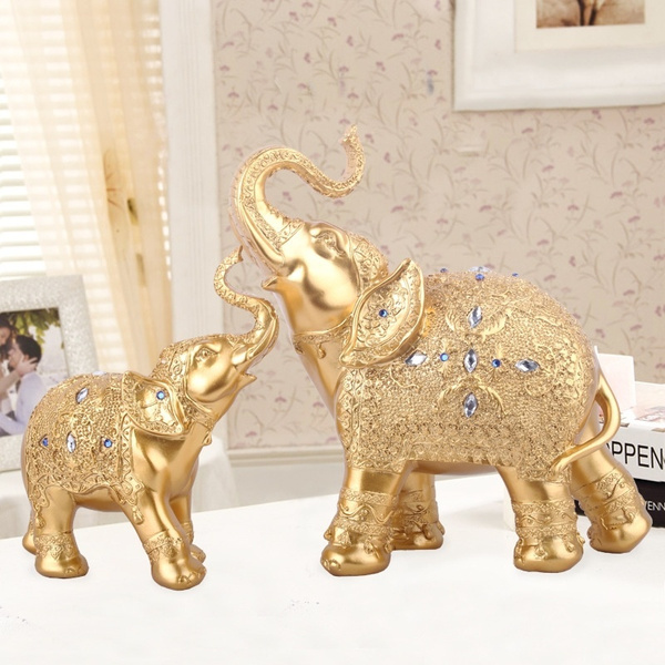 2 Pcs Set Resin Lucky Gold Silver Elephant Statue Thai Elephants Sculpture Home Decor Wish