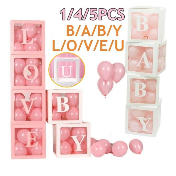 1 4 5pcs Creative Cube Transparent Balloon Boxes Love Baby Balloon Packing Box Baby Shower Wedding Birthday Special Party Decoration B A Y L O V E U Wish