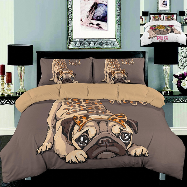 Brown Cute Dog Printed Duvet Cover, Pug Duvet Set Single