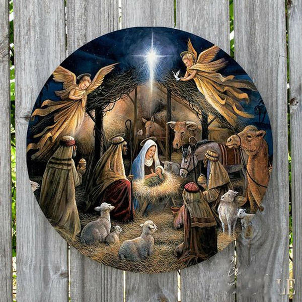 Christmas Manger Nativity Scene Round Metal Signs Retro Vintage Wall Hanging Decor Signs 30 Cm Wish