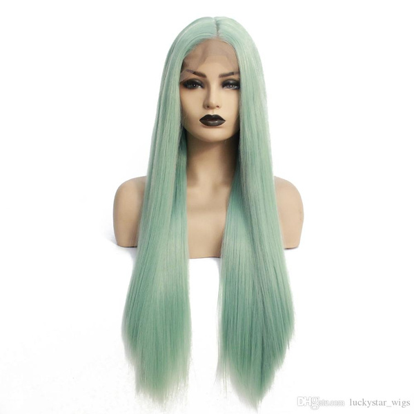 Cheap 180 Density Long Straight Realistic Looking Mint Green Wig Heat Resistant Fiber Glueless 