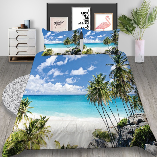 3d Blue Sky Beach Coconut Tree Printed, Blue Sky Bedding Collection