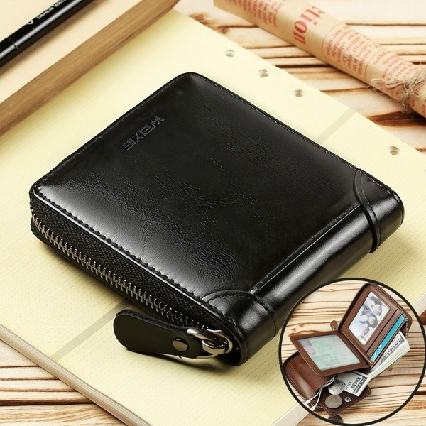 New Men Zipper Wallet Genuine Leather Bifold Zip around Wallet