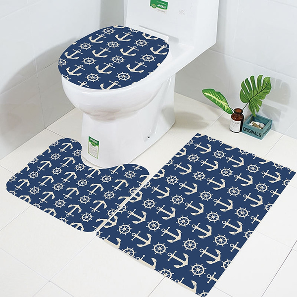 Nautical Anchor Elements Printed 3 Pieces Bathroom Rugs Set Super Soft Bath Mats Set Water Absorbent Bath Rugs Slip Resistant Carpets Mats Wish