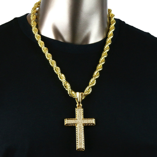Big Slim Edge Design Cross Cz Hip Hop Pendant Gold 10mm 24Inch Rope Chain