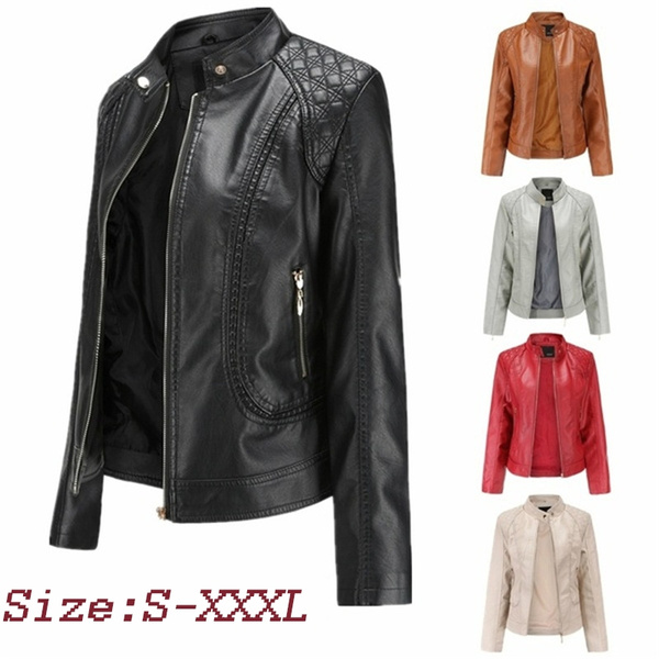 Source Latest Design Ladies Autumn Clothing Pure Color Fashion Lapel Zipper  Women Pu Leather Jacket on m.