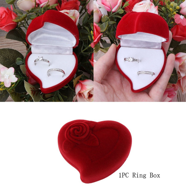 Double Wedding Rings Box Velvet Heart Shape Red Rose Flower Box Jewelry Display 