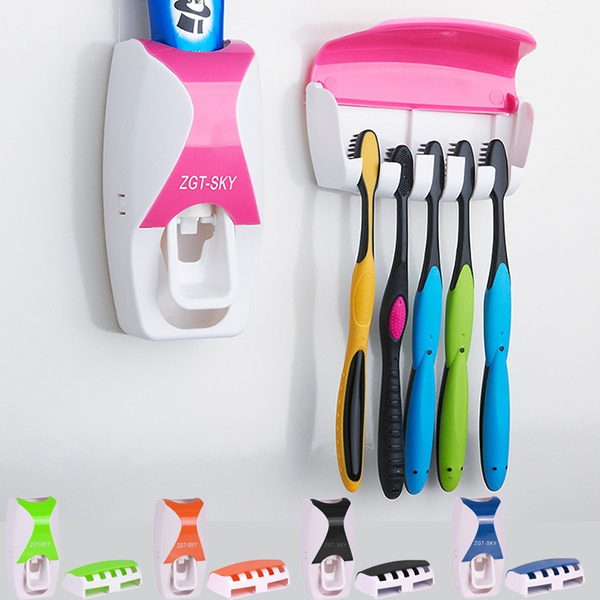 Home Wall Mount Stand Automatic Toothpaste Dispenser Toothbrush Holder 