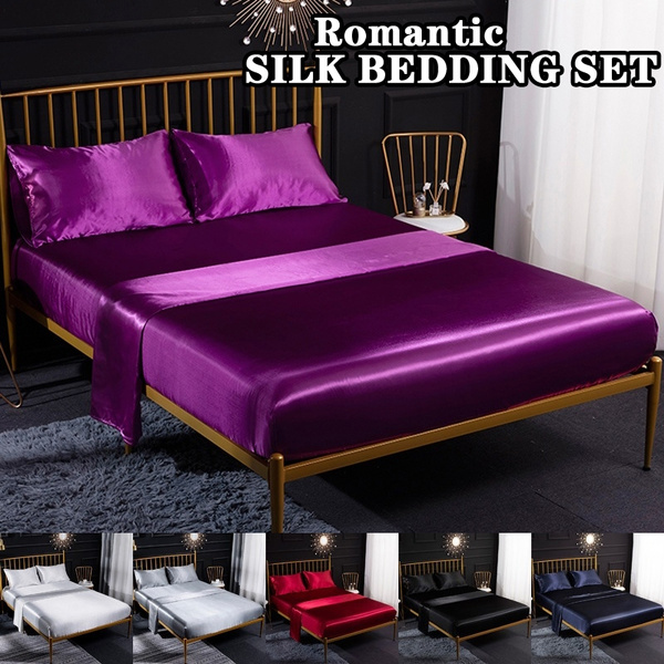 LinzgmX 3/4 Pcs Fashion Bedding Set Romantic Satin Soft Bed Set Fitted Sheet Flat Sheet Set